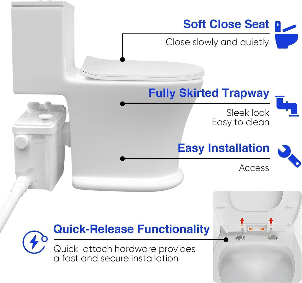 800 Watt High Power Macerating Toilet with Macerator Pump For Basement Upflush System, Powerful & Quiet Elongated One-Piece Dual-Flush Toilet, Glazed Surface, 36FT Vertically