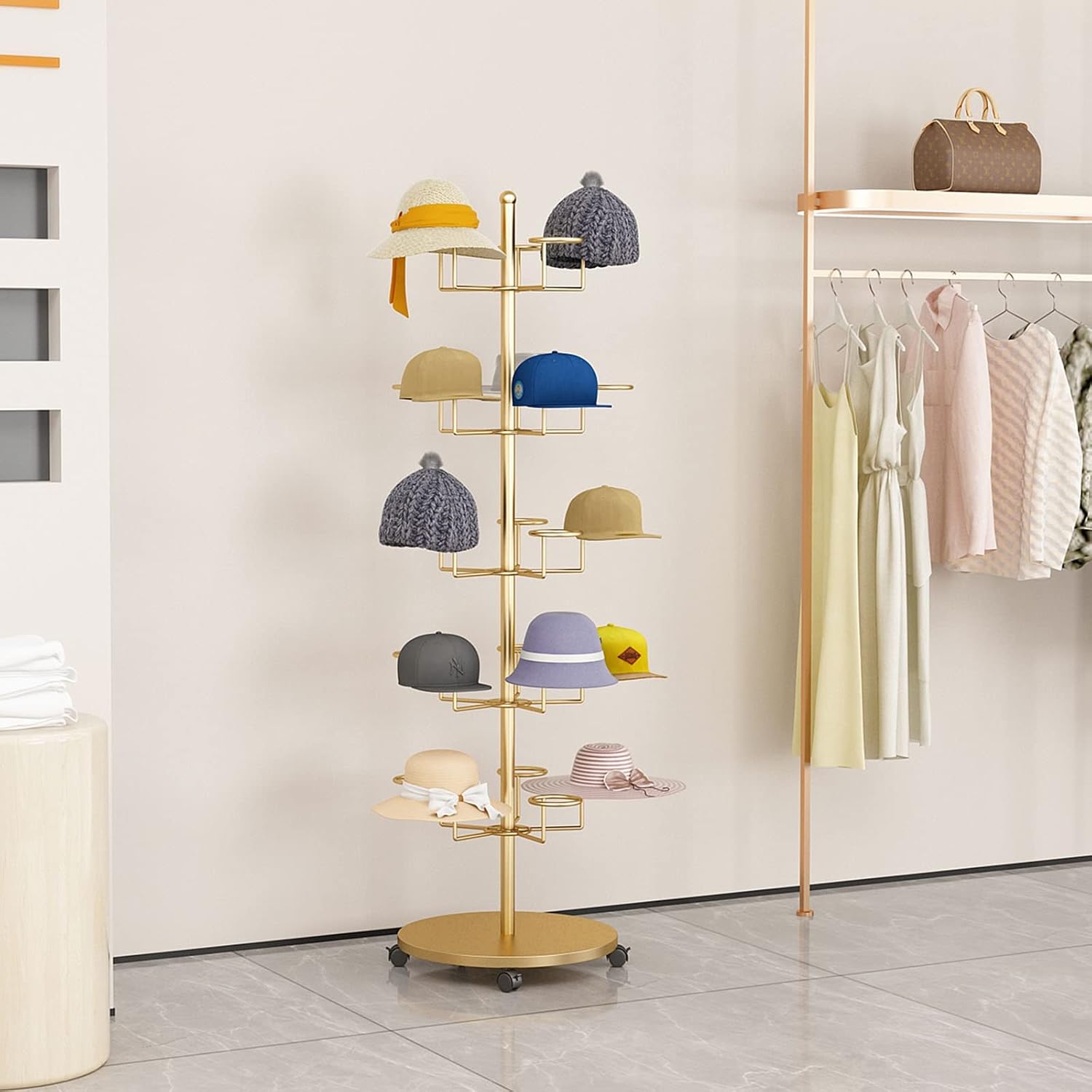 Hat Rack Hat Display Stand Floor Standing Gold Hat Racks Organisers with Wheels, Commercial Multi-Layer Hat Holder Stand for Cowboy/Baseball Caps, Large Capacity