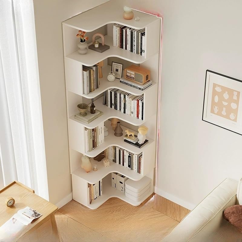LITFAD Modern Vertical Corner Bookshelf Solid Wood Floor Bookcase with Shelves & Open Back Design Living Room Storage Shelves - White 24' L x 24' W x 75' H