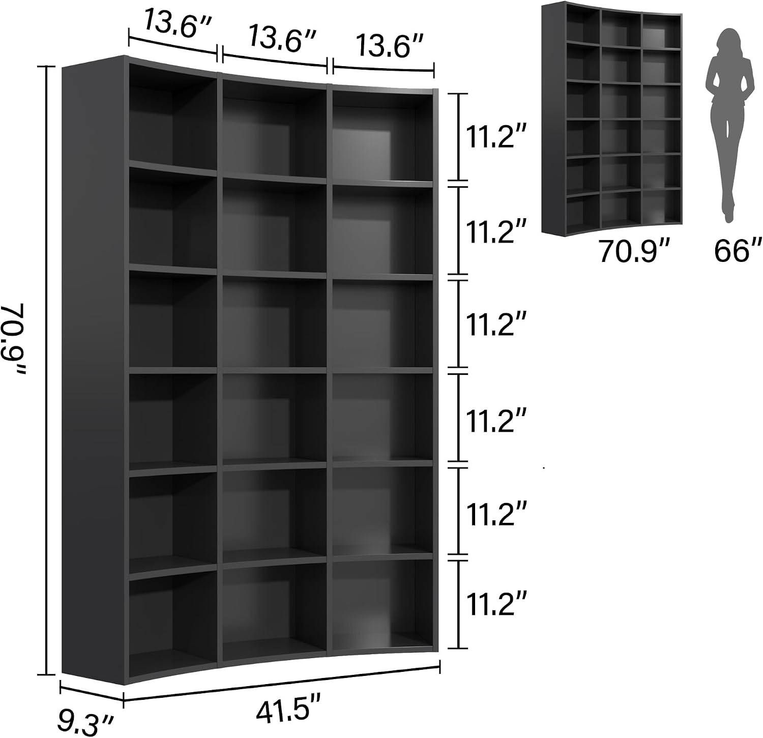 71' Curved Bookshelf,Triple Width 6 Tier Bookcase with Storage Cabinet,Modern Tall Bookshelf with 18 Open Display Shelves, Floor Standing Book Shelf for Living Room,Black