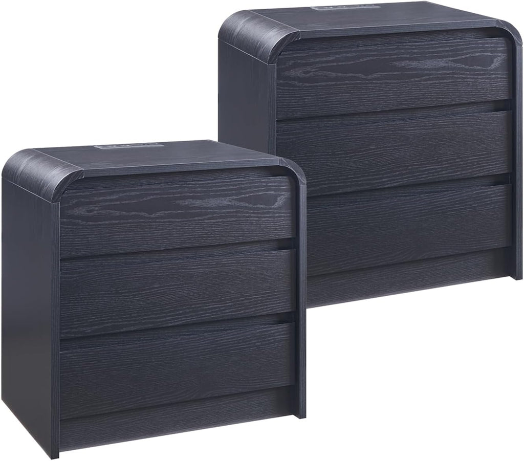 Aitjunz 25' Tall Modern Nightstand Set of 2, 23.6' Wide Wood Bedside Table with Charging Station, 3 Storage Drawers Side Table w/Curved Profile Design, End Table for Bedroom, Black