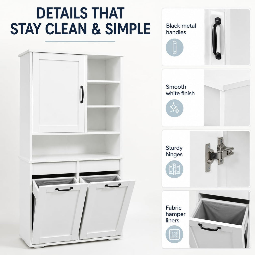 Bathroom Storage Cabinet with 2 Tilt-Out Bins, Freestanding | Particle board, MDF, melamine finish, 2 tilt-out bins, adjustable shelf, open shelves, bathroom, 31.5 W x 15.75 D x 63 H in