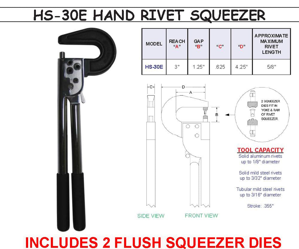 Hand Rivet Squeezer for Solid & Tubular Rivets, with A 3' Reach, & 1-1/4' Gap. Will Set Rivets UP to 1 INCH in Length. Also Includes 2 SQ-3-17 Flush Squeezer Dies. (3/16' Height Diameter)
