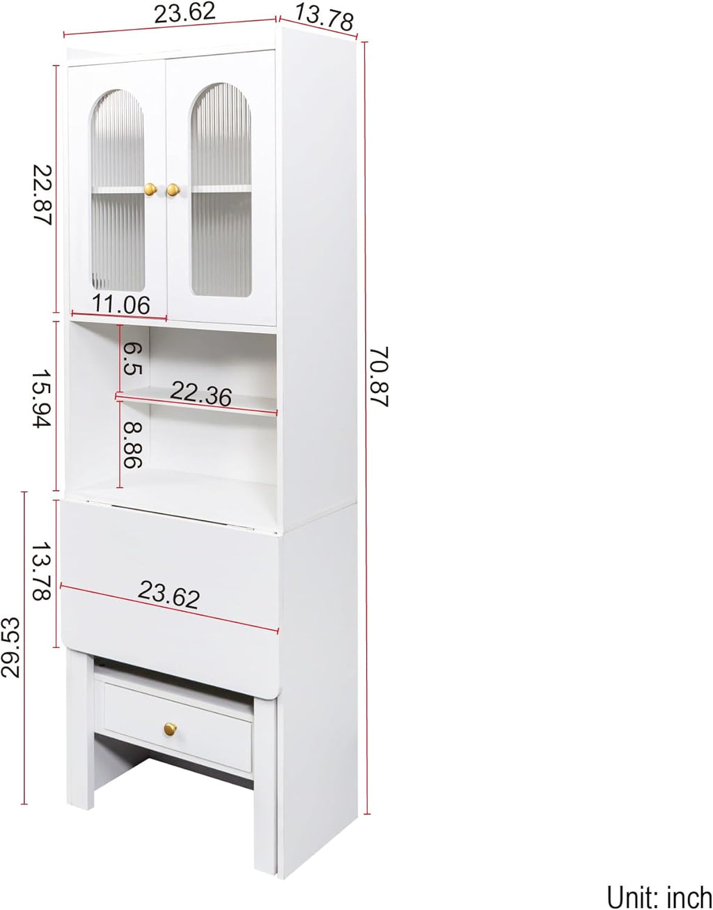 Space-Saving Fold Out Wall Desk, Convertible Writing Table with Large Storage Cabinet & Shelves, Tall Cabinet Bookcase for Small Apartments, Home Office Workstation (White)