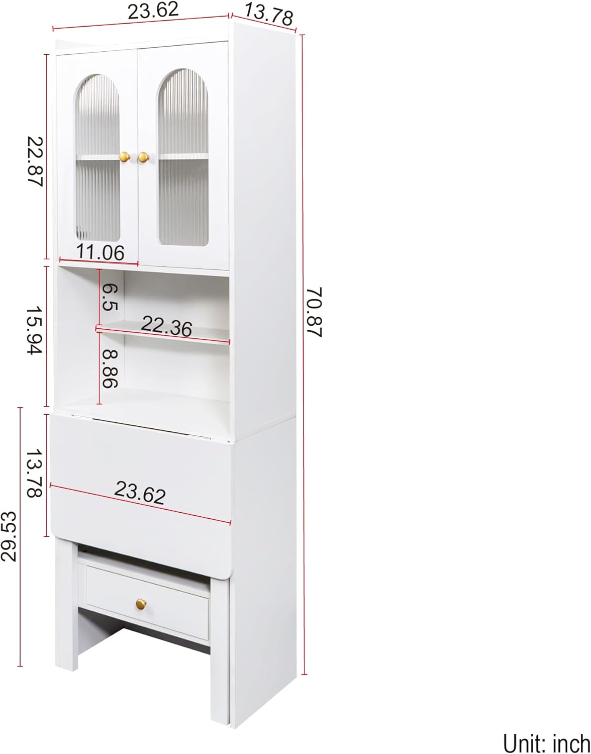 Space-Saving Fold Out Wall Desk, Convertible Writing Table with Large Storage Cabinet & Shelves, Tall Cabinet Bookcase for Small Apartments, Home Office Workstation (White)
