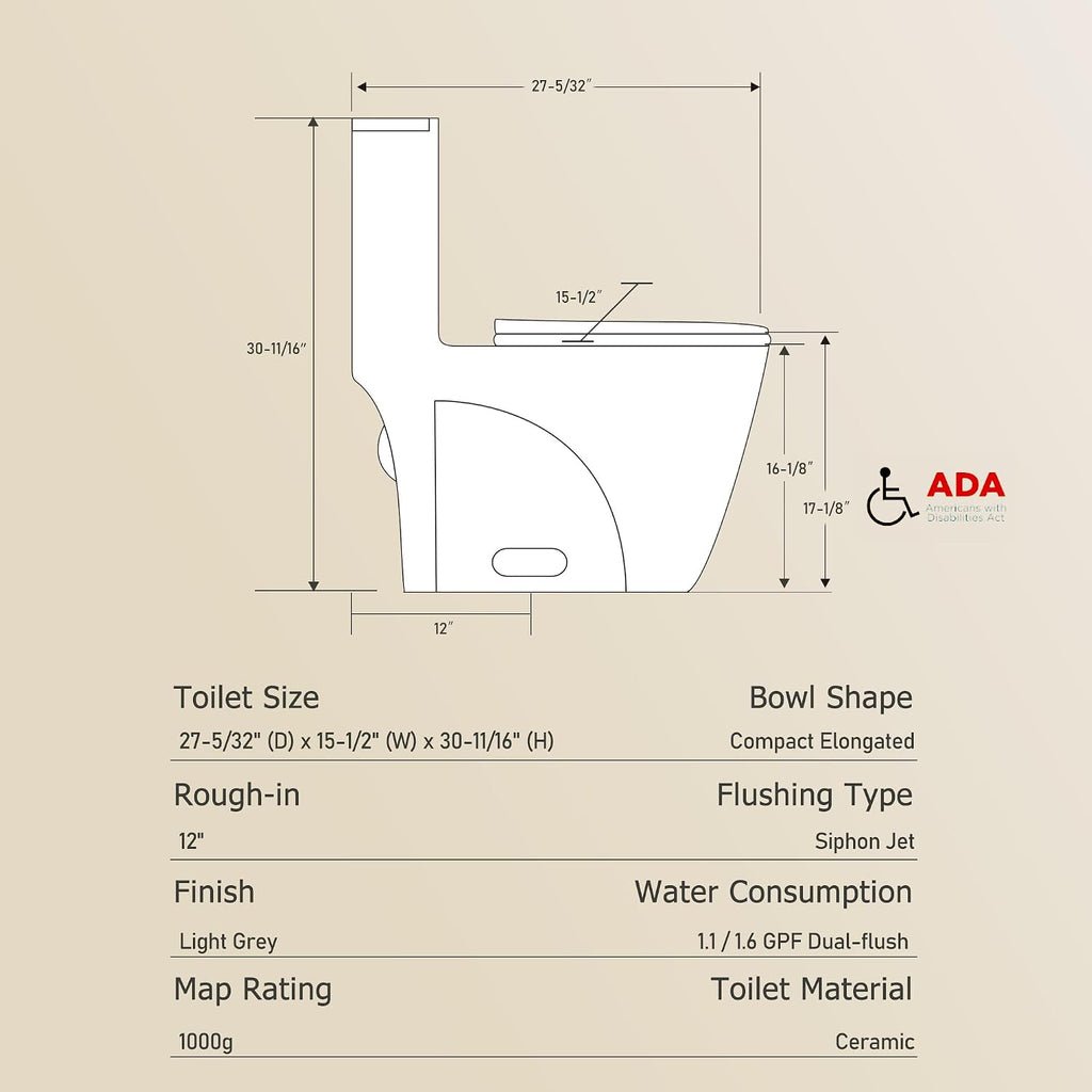 Dual Flush One Toilet, Water Saving Elongated Comfort Height Floor Mounted, Soft Close 1000 Gram Map Flushing SToilet, Light Grey
