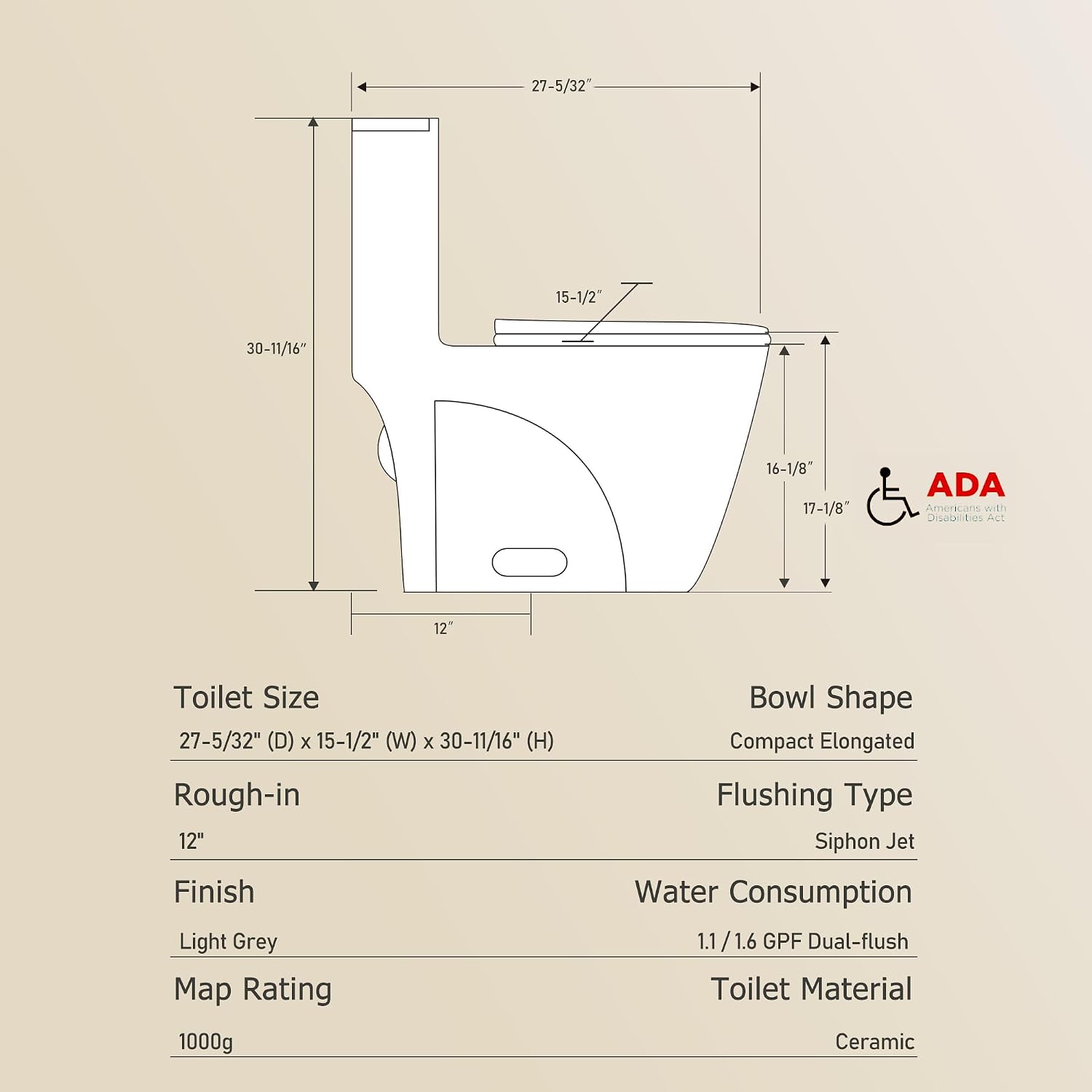 Dual Flush One Toilet, Water Saving Elongated Comfort Height Floor Mounted, Soft Close 1000 Gram Map Flushing SToilet, Light Grey