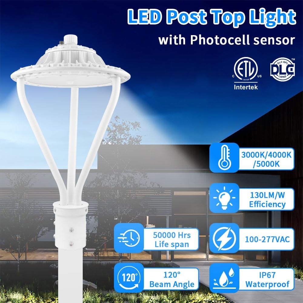 LED Post Top Light 75/100/150W Adjustable 19500 LM 3000/4000/5000K LED Circular Area Light Outdoor Pole Lights with Photocell, IP67 Parking Lot Lights Fixture Commercial Lighting, 100-277V