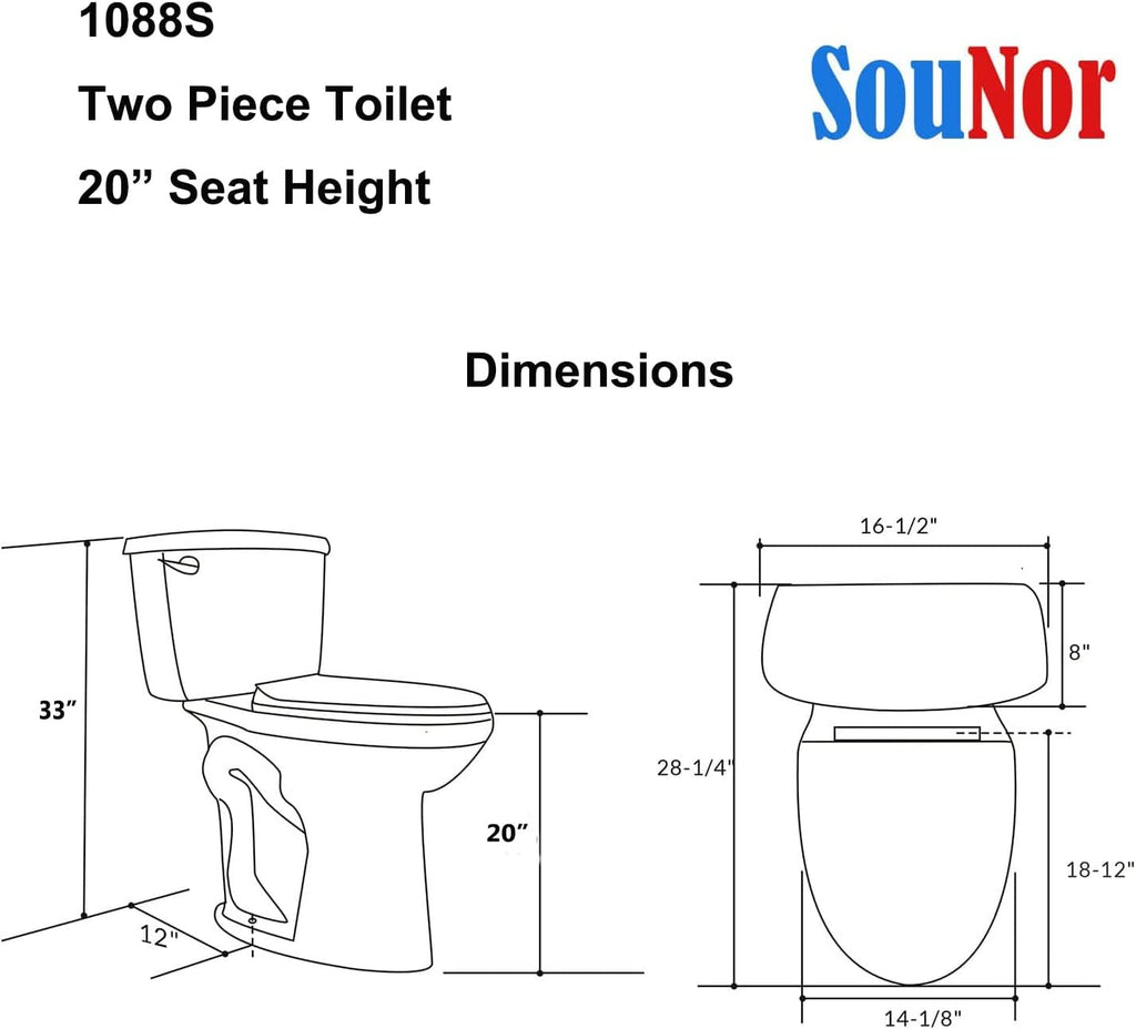 SouNor Two Piece Toilet 20-in Extra Tall Bowl With UF Soft Closing Seat Comfortable For Seniors, Taller and Handicap Person Front Flush 1.28 GPF, 12' Rough-in, White,SN1088SU
