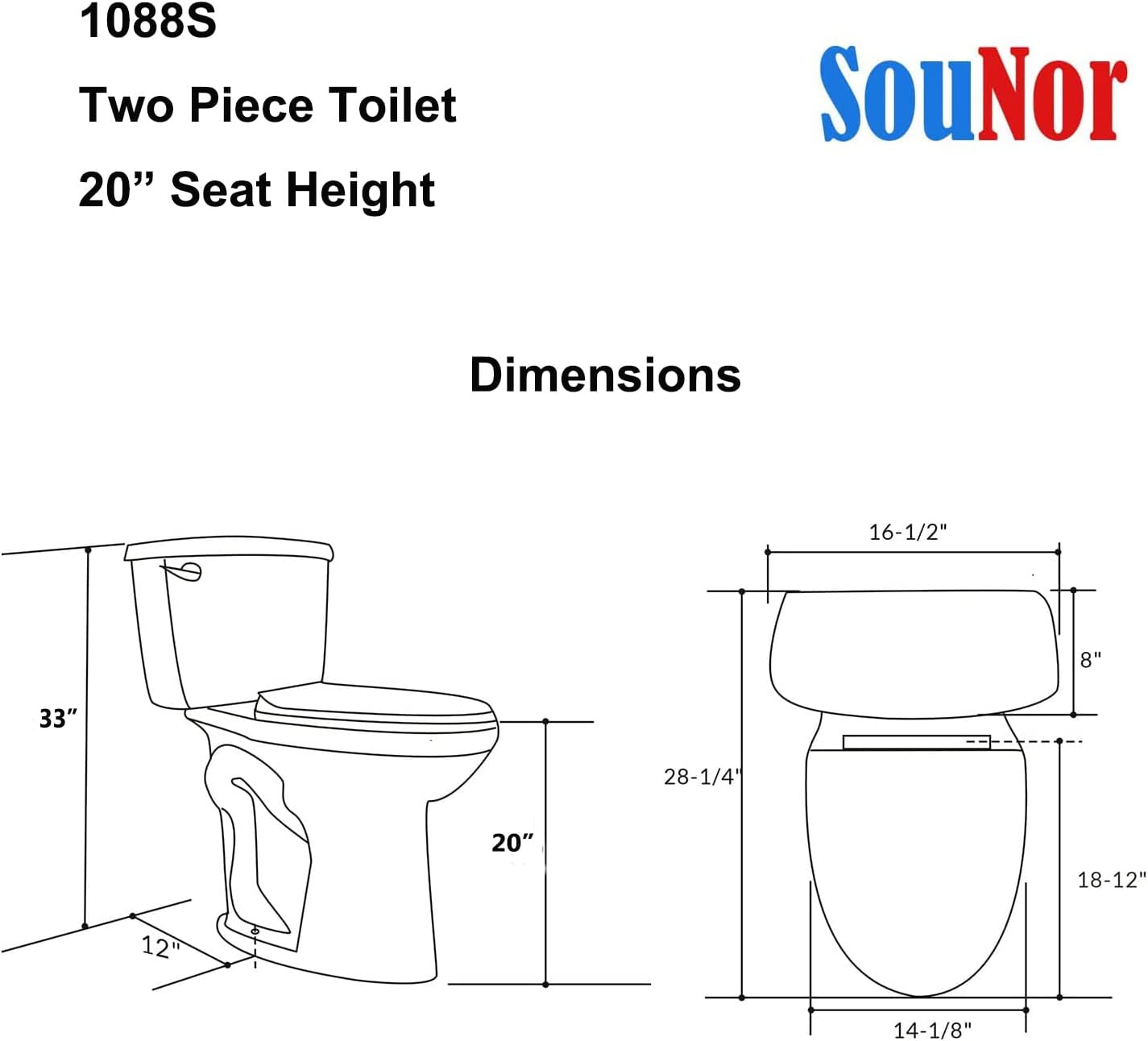 SouNor Two Piece Toilet 20-in Extra Tall Bowl With UF Soft Closing Seat Comfortable For Seniors, Taller and Handicap Person Front Flush 1.28 GPF, 12' Rough-in, White,SN1088SU