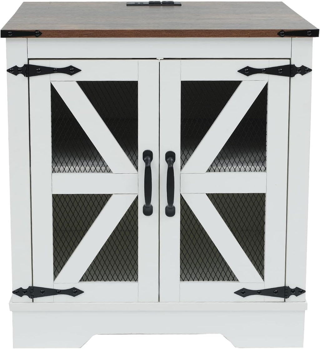 Farmhouse End Table Set with Charging Station, Living Room Tables with Hidden Storage, Wood Square Sofa Bedside Tables, Night Stand with Power Outlet and Door, White