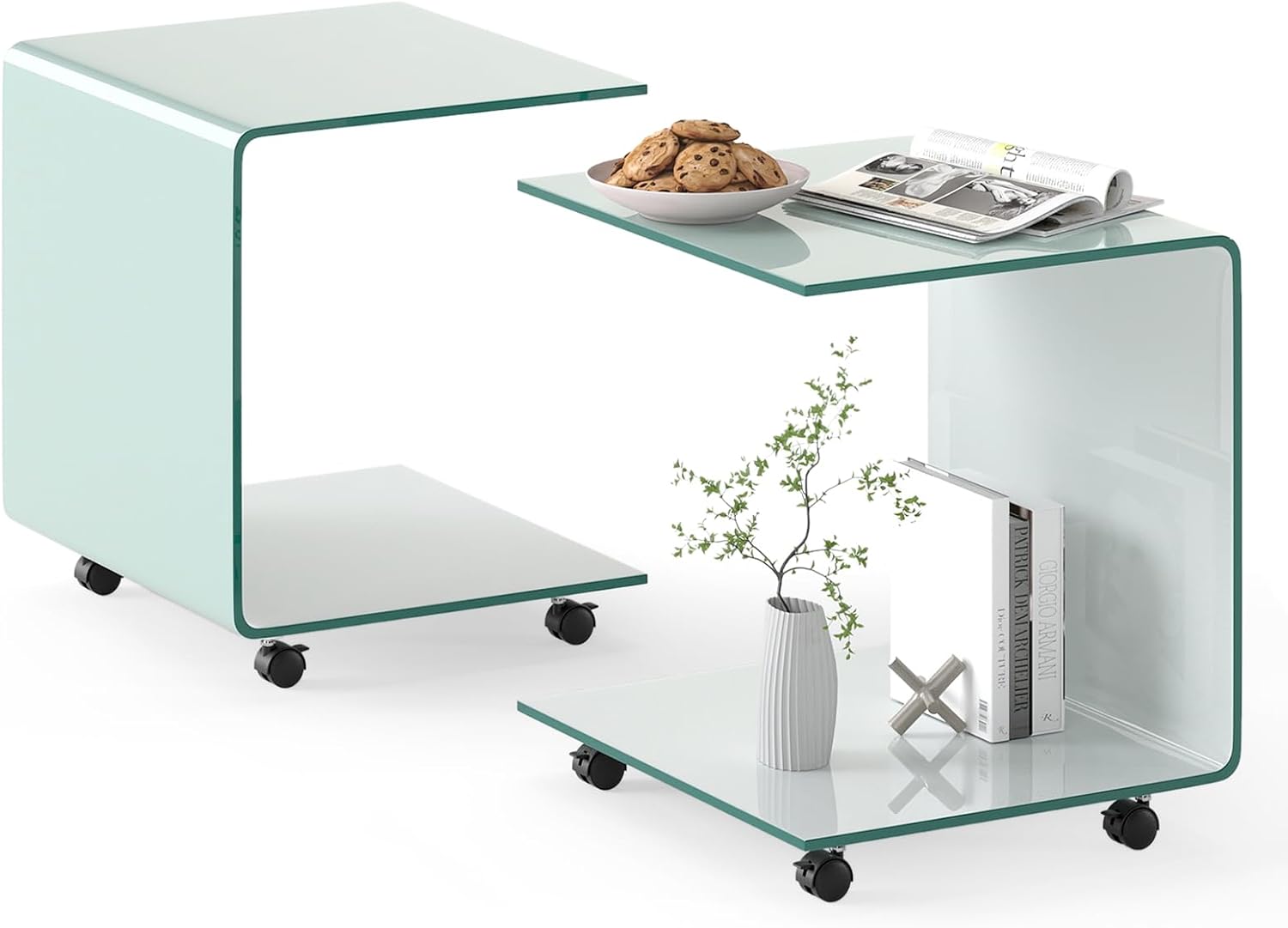 Tangkula Tempered Glass Side Table, Modern C-Shaped Bedside Table Nightstand with Storage Shelf, 4 Lockable Universal Wheels, Rolling Sofa End Table for Living Room Bedroom Office (2, White)