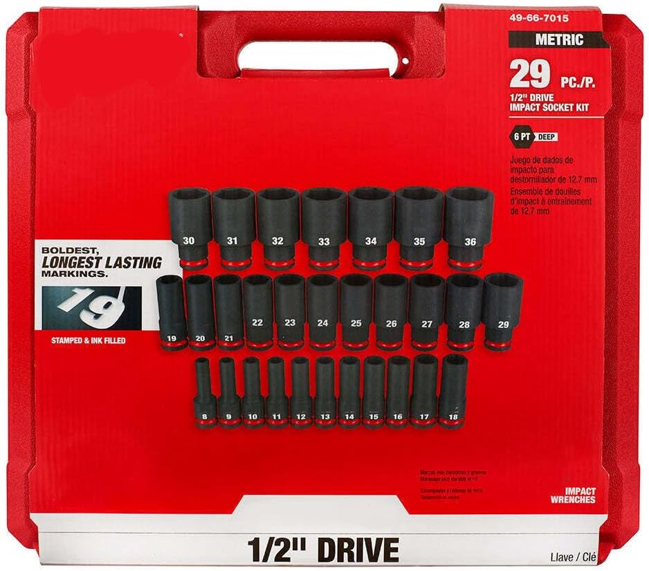 Socket Set For Milwaukee 49-66-7015 1/2'' Drive Metric 6 Point Impact Socket Set (Size:17 x 3 x 15 in) - 29PC, Red,black