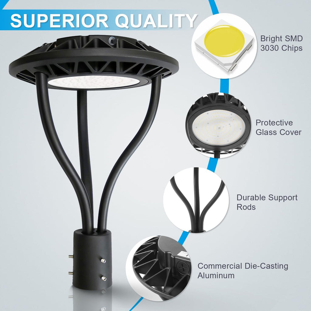 LED Post Top Light with Dusk to Dawn Photocell, 20W/30W/40W/60W Power Tunable, 3CCT 3000K/4000K/5000K Outdoor Post Pole Lights, IP65 LED Circular Area Light for Garden Yard Street, ETL Listed