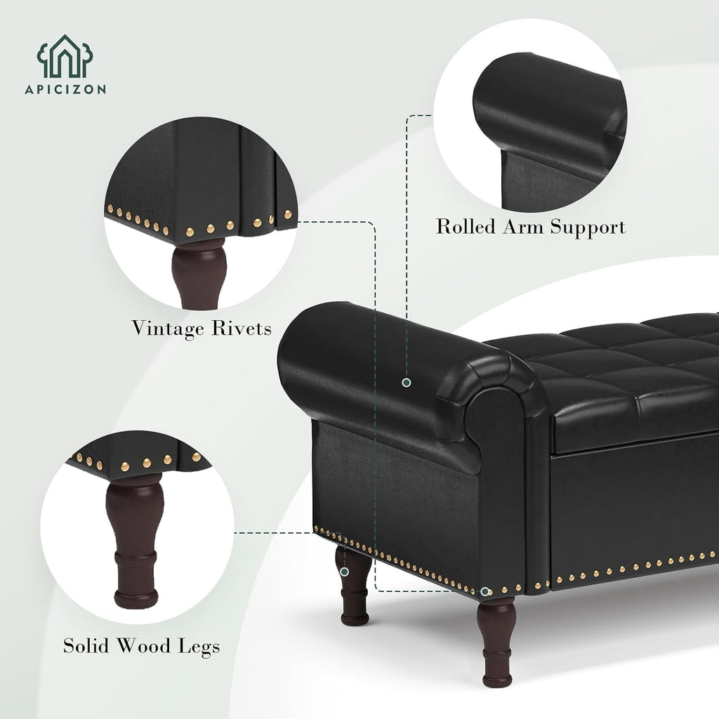 Apicizon 51' Bench with Storage, Queen Size Faux Leather End of Bed Bench with Tufted Button, Ottoman Bench with Rolled Arms & Vintage Rivets for Foot of Bed, Living Room, Entrance, Black