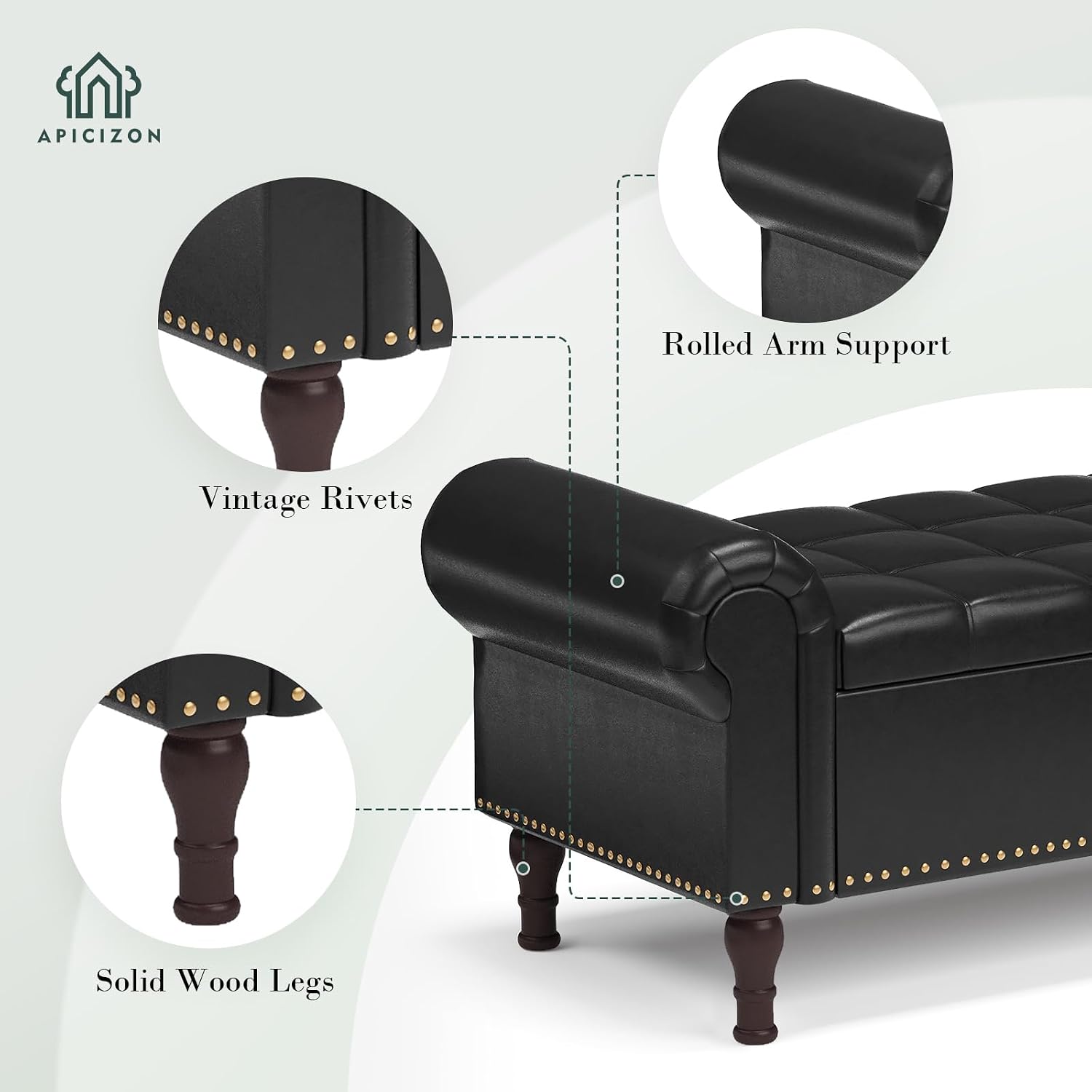 Apicizon 51' Bench with Storage, Queen Size Faux Leather End of Bed Bench with Tufted Button, Ottoman Bench with Rolled Arms & Vintage Rivets for Foot of Bed, Living Room, Entrance, Black