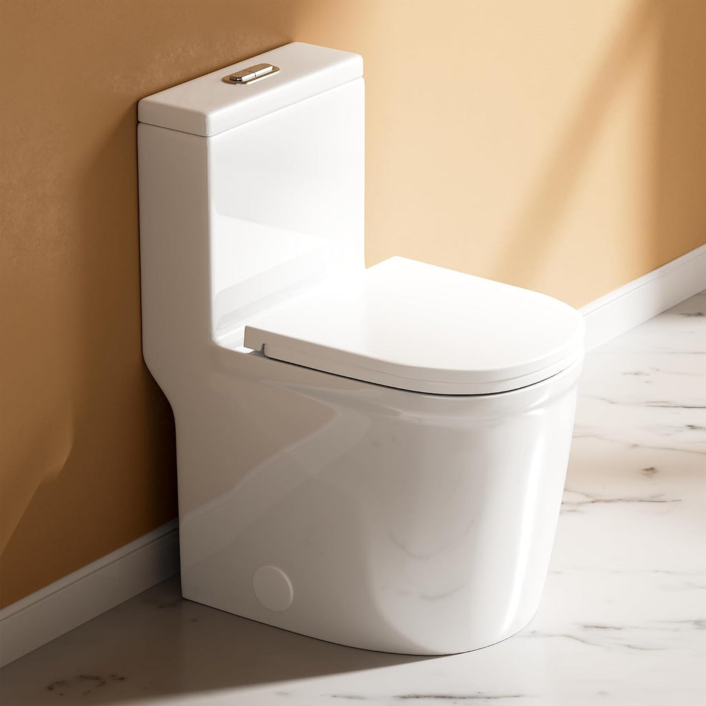 WinZo Compact One Piece Toilet 22.8' Depth Modern Short Design Dual Flush for Small Tiny Mini Bathroom 12' Rough-in,White (WZ5079)