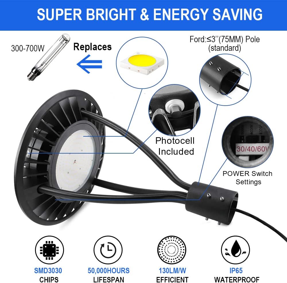 LED Post Top Pole Light with Dusk to Dawn Photocell, 3CCT & 4 Wattage Selectable (20W/30W/40W/60W), 0-10V Dimmable, 140LM/W, IP65 Waterproof Outdoor Area Lighting, 100-277VAC
