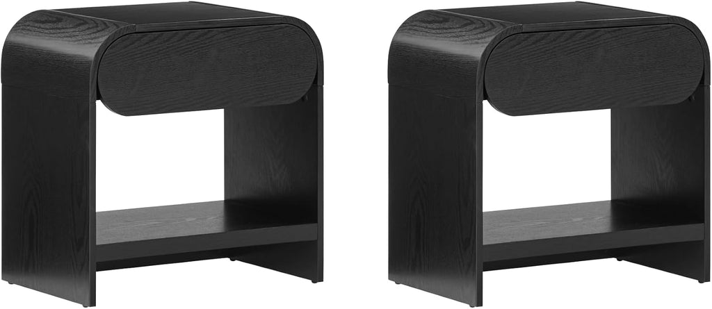 Nathan James Iris Mid-Century Modern Nightstand with Drawer, End Table with Storage for Bedroom or Living Room with Rounded Silhouette, Black Oak Set of 2