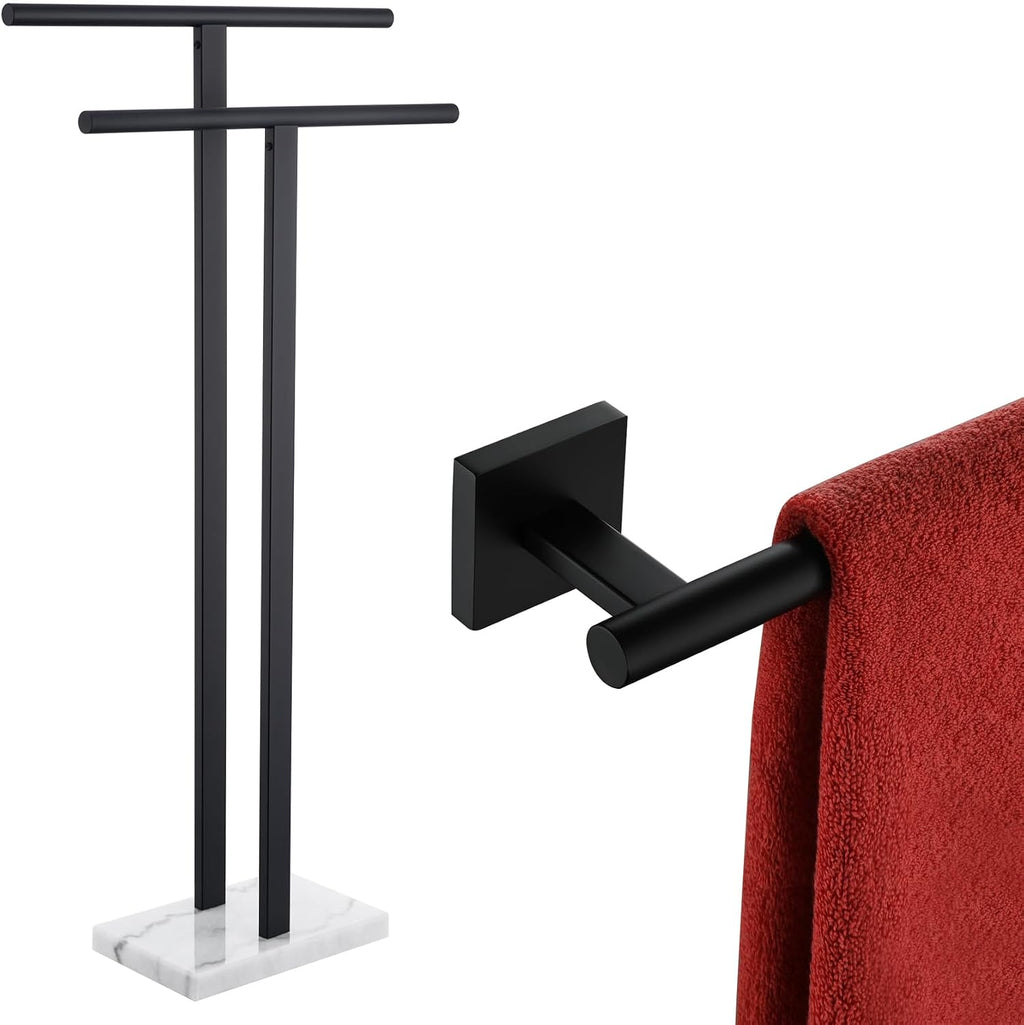 KOKOSIRI 24 Inch Hand Towel Bar Bathroom Towel Holder for Bath Standing Towel Rack for 2-Tier Towel Holder with Heavy Marble Base Matte Black B4005BK-L24+THS0005-BK