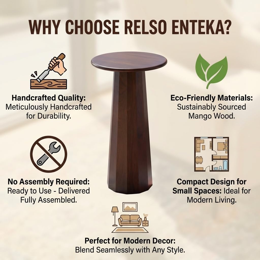 Relso Enteka Solid Mango Wood End Table – 24' Tall Accent Side Table with Walnut Finish | Handcrafted Coffee Table, No Assembly Required | Perfect for Modern Living Rooms, Farmhouses, Small Spaces