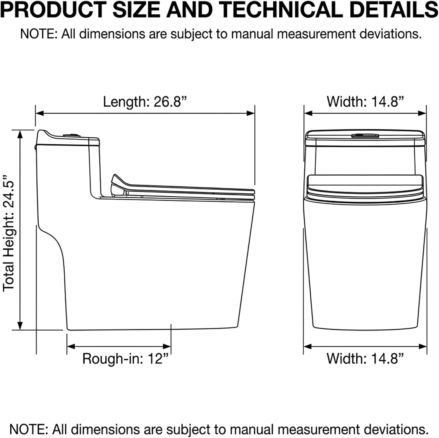 Compact One Piece Toilet, Dual Flush 1.45 Gallons GPF Elongated Standard Toilet for Bathroom, 12' Rough-In, Floor Mounted Comfort Height, Black (Seat Included)