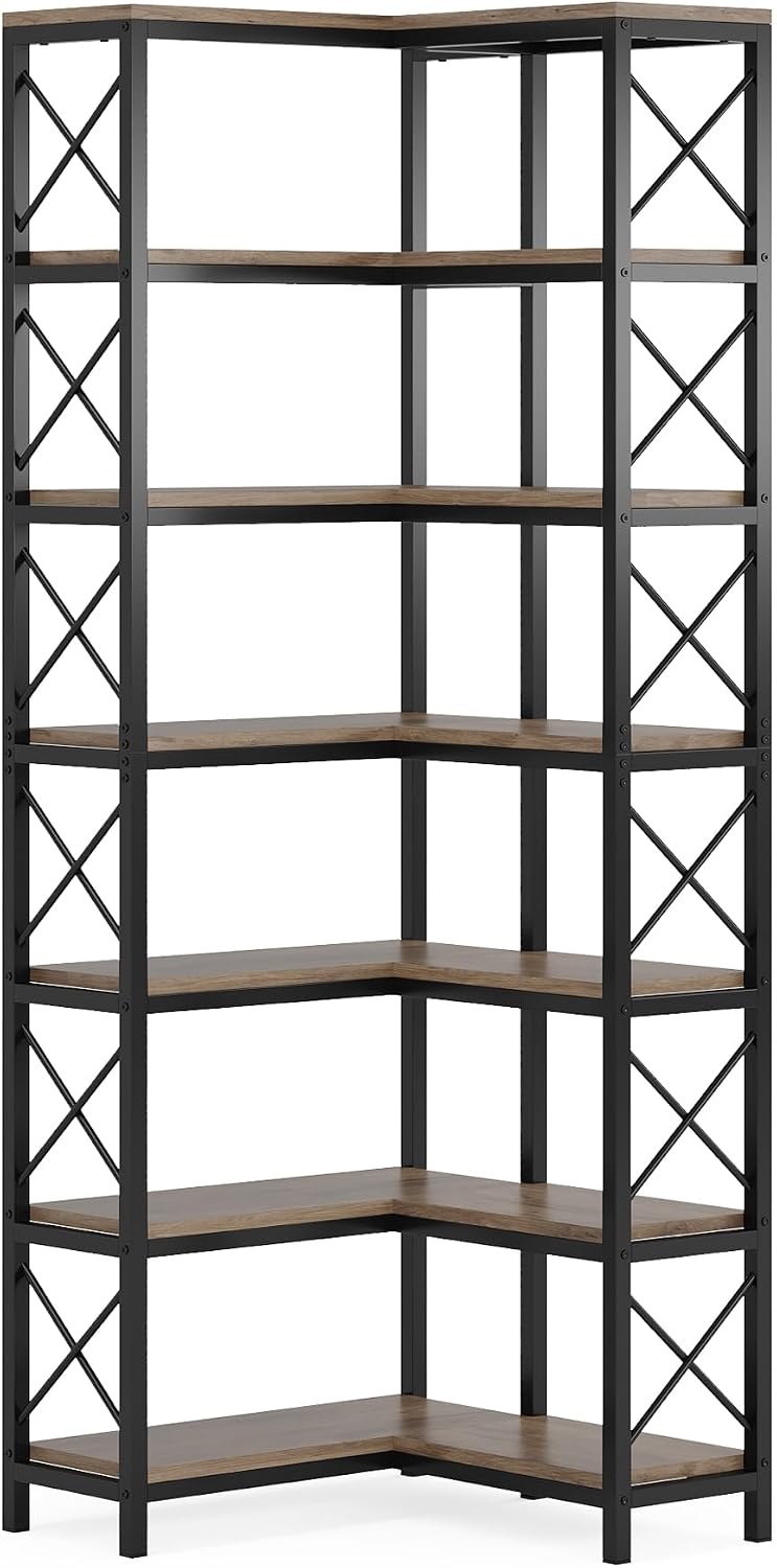 Tribesigns 7-Tier Corner Bookcase, Industrial Large Corner Bookshelf, 7-Shelf Tall Corner Shelf Storage Display Rack with Metal Frame for Living Room Home Office, Grey
