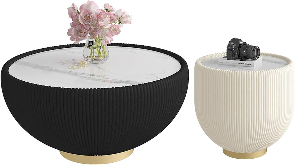 Modern Round Coffee Table Set of 2 Luxury Sintered Stone Top Coffee End Table in Black/White Leatherette Creative Bowl-Shape Small Coffee Side End Tables for Living Room Bedroom
