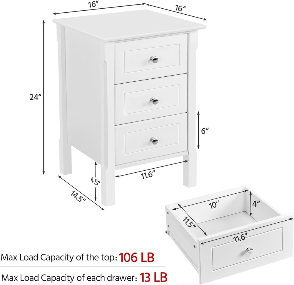 Yaheetech Nightstand Set of 2,Wooden 3-Drawer Bedside Table with Solid Wood Legs, Bedside Cabinet Cupboard Storage Organizer for Bedroom Home Office Small Space, Easy Assembly, White