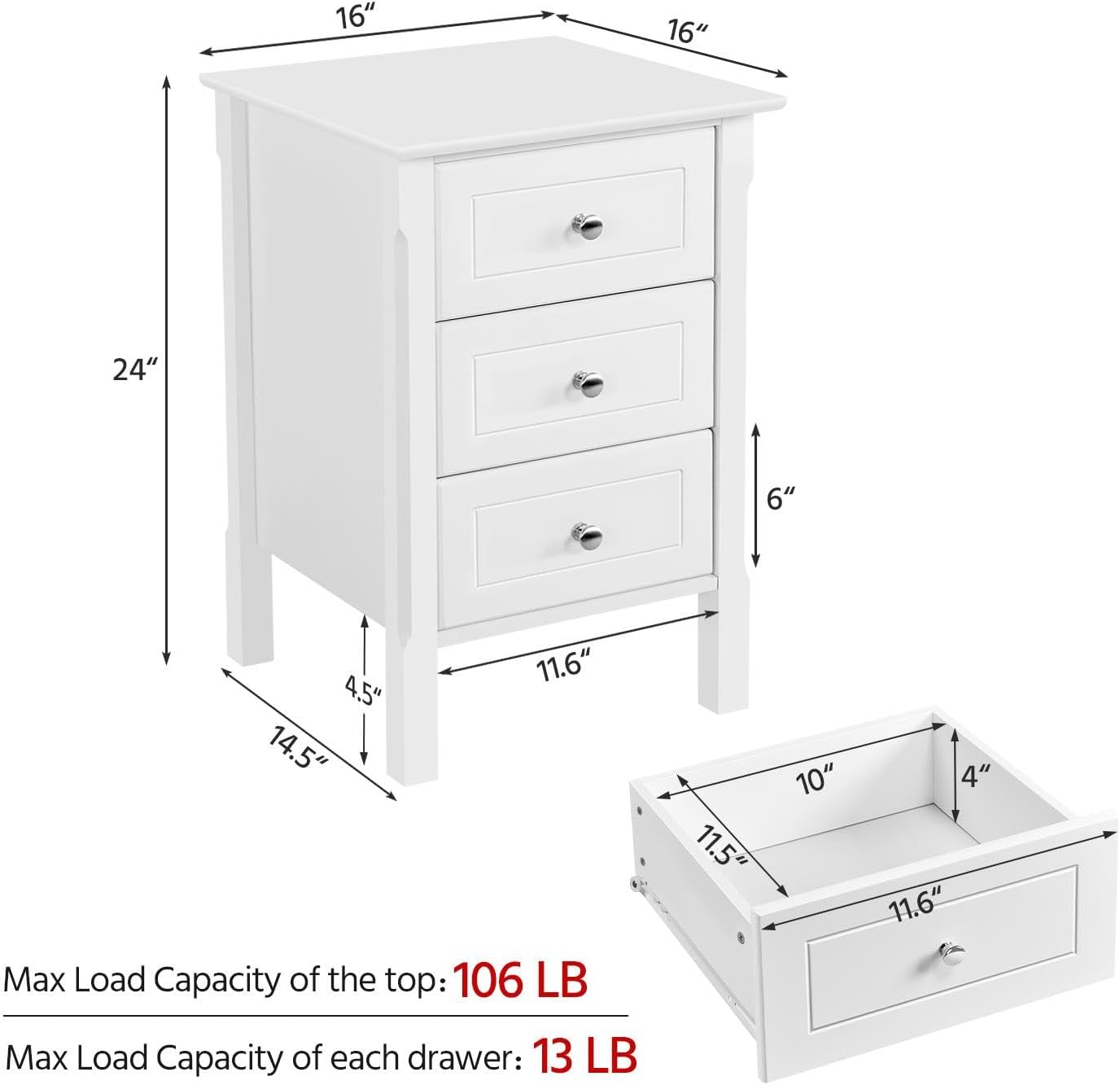 Yaheetech Nightstand Set of 2,Wooden 3-Drawer Bedside Table with Solid Wood Legs, Bedside Cabinet Cupboard Storage Organizer for Bedroom Home Office Small Space, Easy Assembly, White