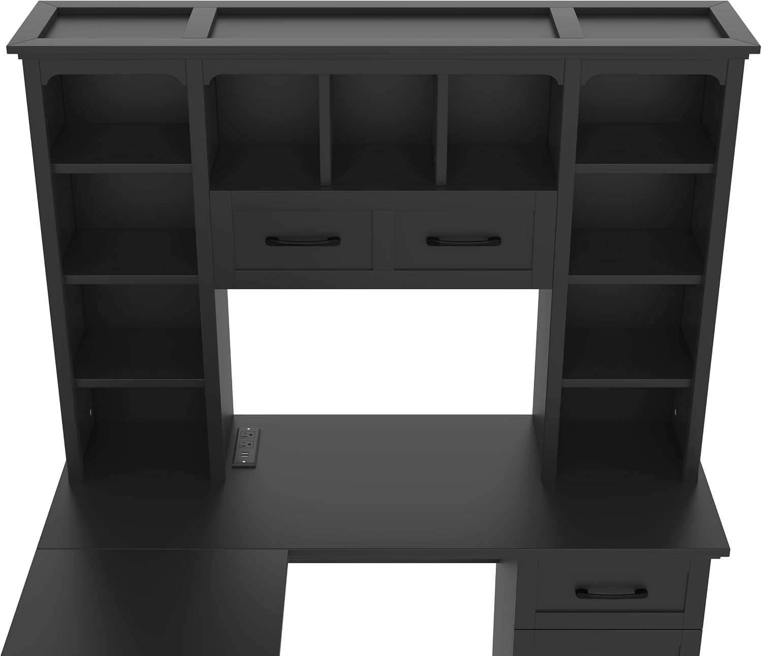 Versatile L-Shaped Computer Desk with 2 Cabinets and 2 Drawers, Power Outlet,11 Open Shelves and 1 Right Flip Shelf,for Study Living Room Office (Black#Drawers)