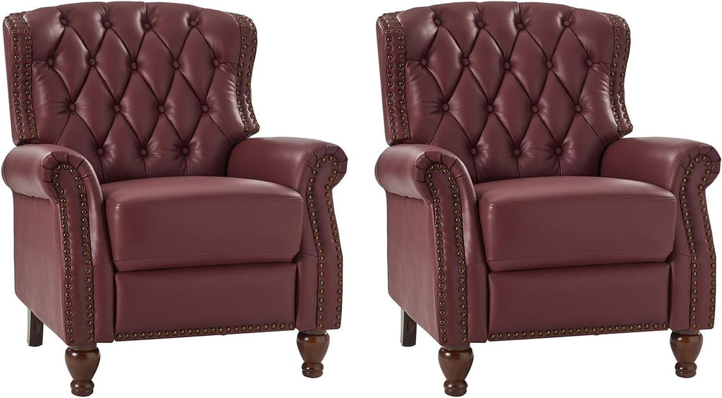 HULALA HOME Genuine Leather Recliner Chair Set of 2 w/Solid Wood Feet, Modern Adjustable Tufted Push Back Arm Chair w/Rivet Decoration, Home Theater Seating Reclining Sofa for Living Room, Burgundy
