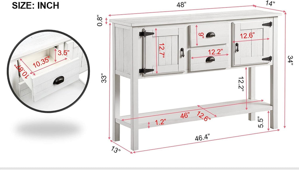 48' Console Table with 2 Drawers and Cabinets,Retro Style Storage Sideboard W/Bottom Shelf,for Entryway,Hallway,Living Room,Easy Assembly,Antique White