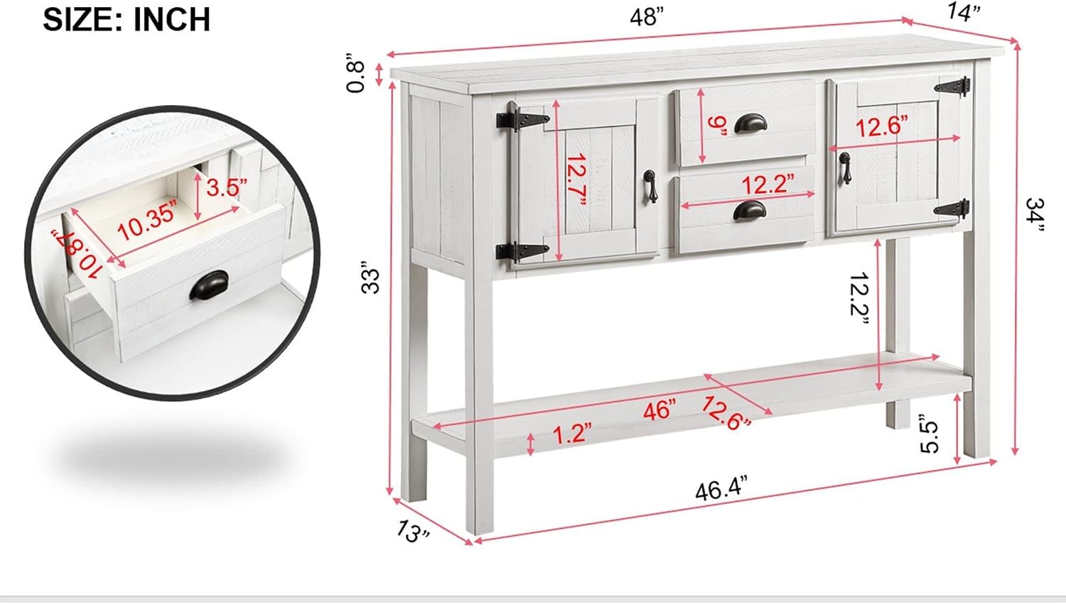 48' Console Table with 2 Drawers and Cabinets,Retro Style Storage Sideboard W/Bottom Shelf,for Entryway,Hallway,Living Room,Easy Assembly,Antique White