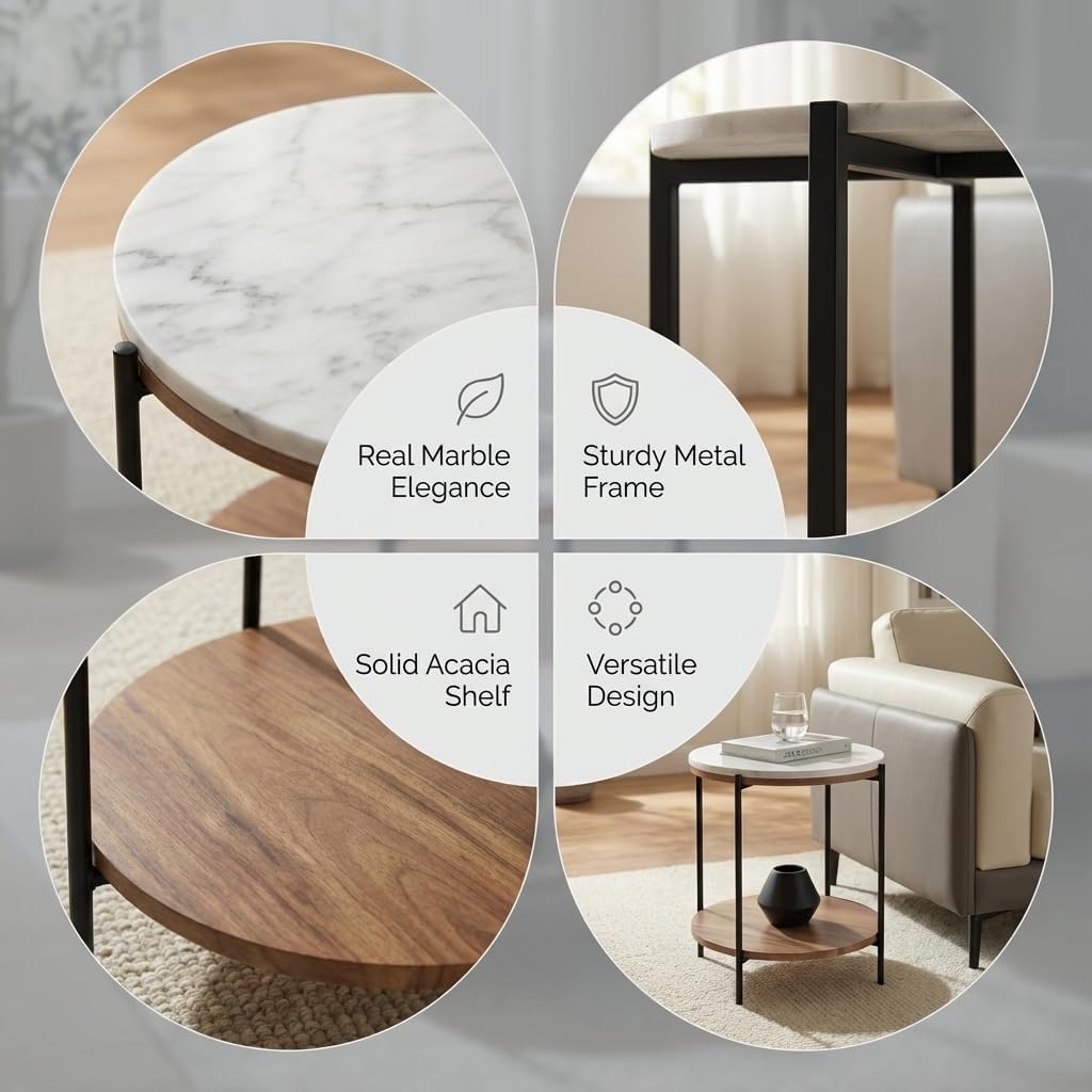 Lyra Round Marble End Table – Solid Acacia Wood Shelf, Open Storage Side Table for Living Room, Bedroom, Entryway, Small Spaces – Nightstand, Plant Stand, Modern Accent Table with Metal Frame