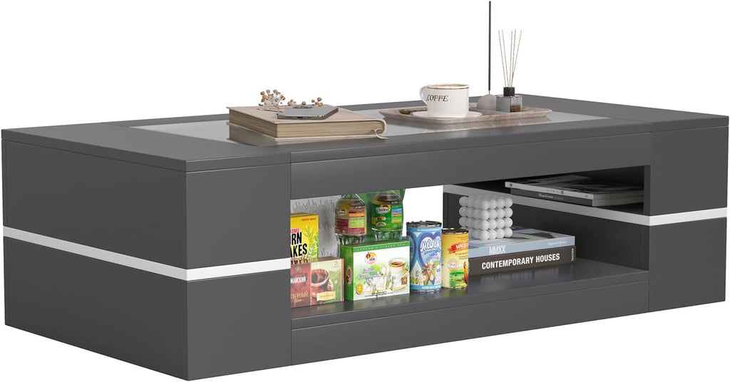 HedoAjim 47.2' Modern Stylish Coffee Table with Glass Table Top, Large Living Room Table Rectangular 2-Tier Center Tables with Storage, Wooden Cocktail Tea Tables for Dining Reception Room, Black