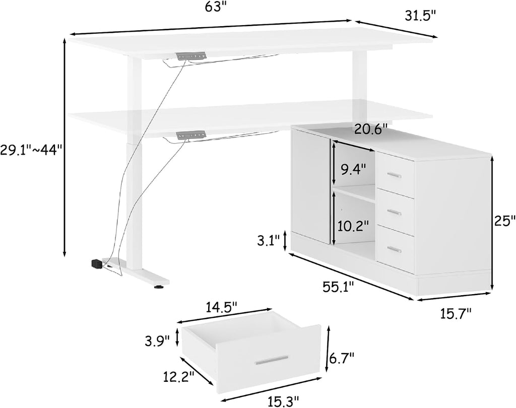 AGOTENI 63' W L Shaped Standing Desk with Cabinet, Electric Height Adjustable & Reversible Corner Computer Desk with Drawers & Storage Shelves for Home Office, White