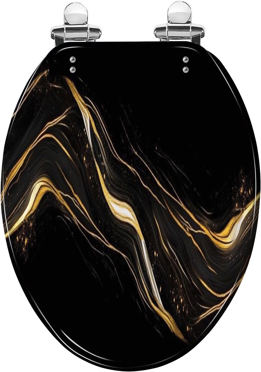Elongated Toilet Seat Marble texture wall surface black gold ink pattern graphic granite Resin Toilet Seat Slow Quiet Close Lid with Quick-Release Hinges Cover Bumpers Easy to Clean Install