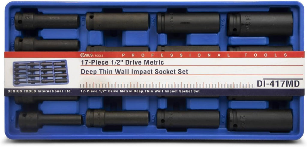 Genius Tools 17 Piece 1/2' Dr. Metric Deep Thin Wall Impact Socket Set (12-Point) DI-417MD