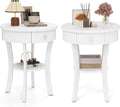 GOFLAME Round End Table with Drawer Set of 2, Sofa Side Table with Solid Wood Legs, Open Storage Shelf, Vintage Accent Table, Display Table, 2-Tier Compact Nightstand for Living Room, White