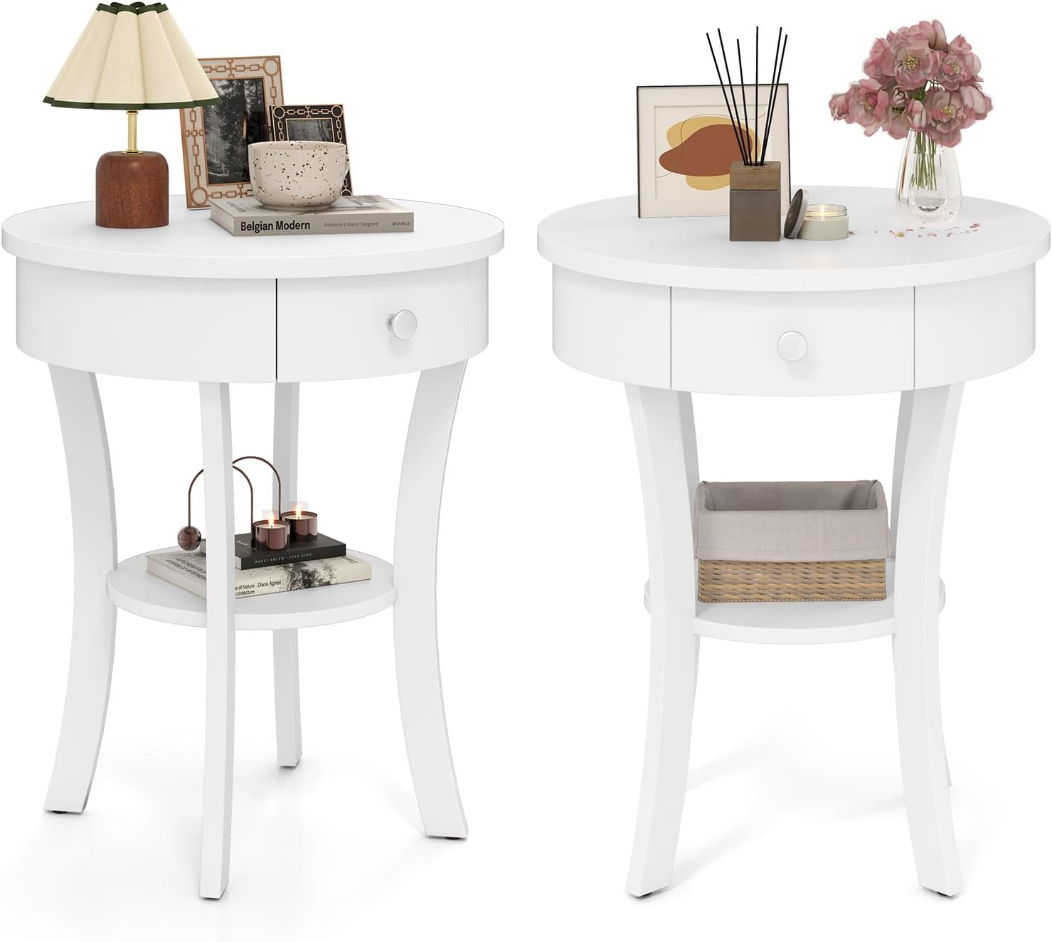 GOFLAME Round End Table with Drawer Set of 2, Sofa Side Table with Solid Wood Legs, Open Storage Shelf, Vintage Accent Table, Display Table, 2-Tier Compact Nightstand for Living Room, White