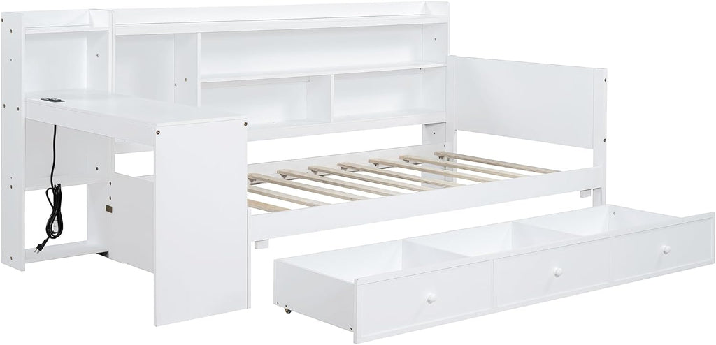LUMISOL Twin Size Daybed Bed with Desk and Storage, Solid Wood Corner Bed with Bookcase Headboard & Charging Station, Space-Saving L-Shaped Day Bed Frame for Living Room, Guest Room, White