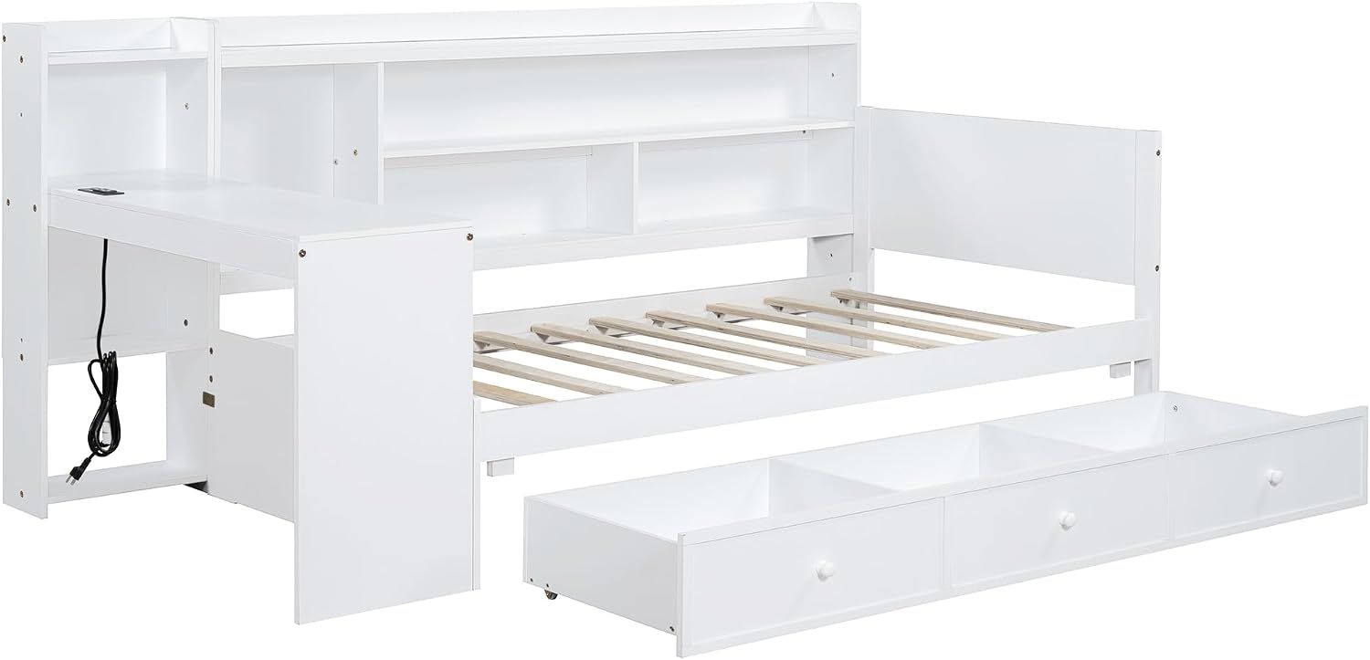LUMISOL Twin Size Daybed Bed with Desk and Storage, Solid Wood Corner Bed with Bookcase Headboard & Charging Station, Space-Saving L-Shaped Day Bed Frame for Living Room, Guest Room, White