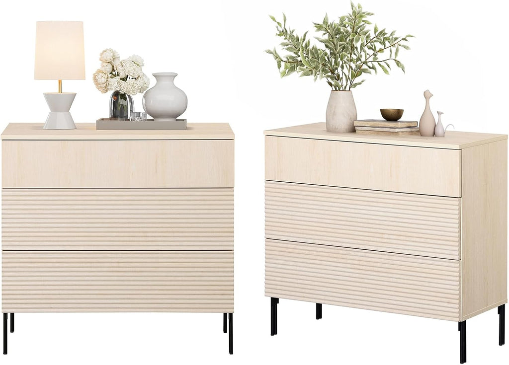 WAMPAT 30.2' Tall Fluted Nightstands Set of 2 with 3 Large Drawers, Mid Century Nightstand End Table with Hidden Handle, Wooden Bedside Table with Storage for Bedroom, Beige
