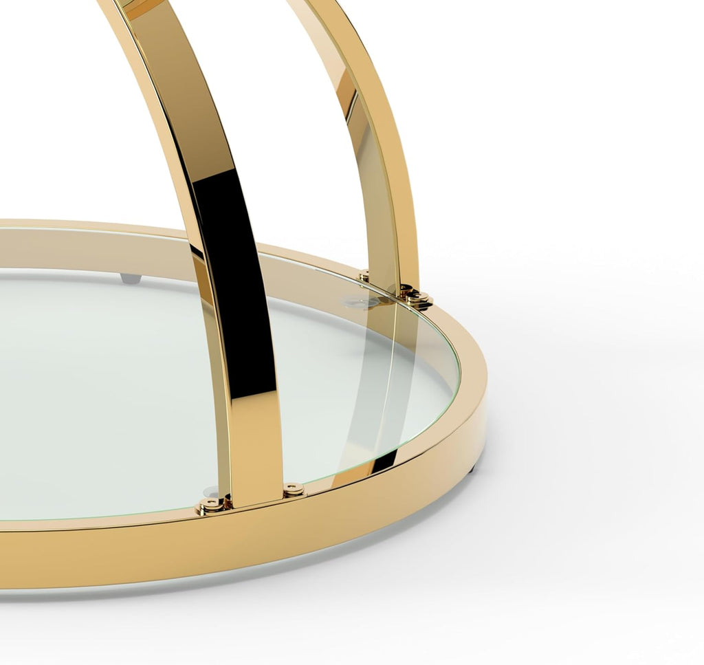 JIJIWANG 2 Tier Round Glass Side Table with Metal Frame and Clear Tempered Glass, 24.02' H Ring-Shaped Coffee Table for Living Room, Bedroom and Office, Gold
