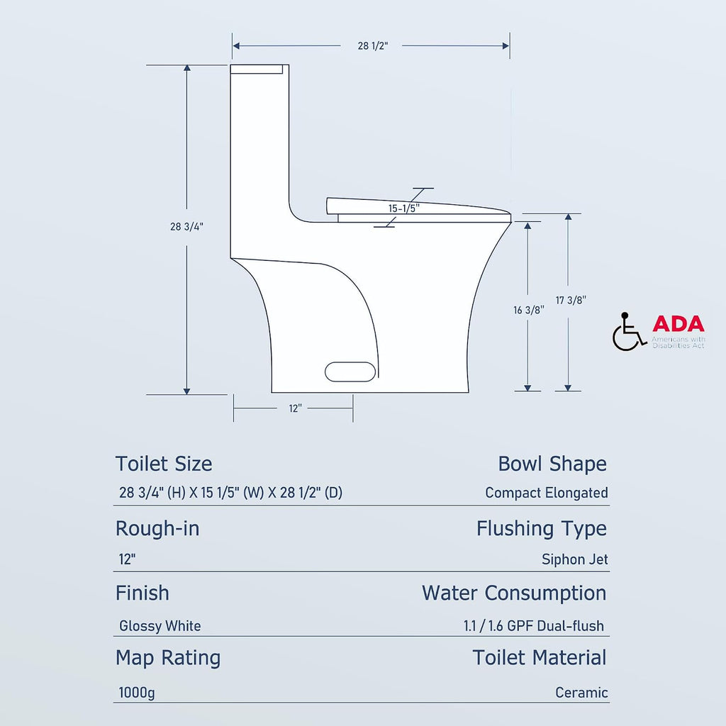 Dual Flush One Toilet, Water Saving Elongated Comfort Height Floor Mounted, Soft Closing Seat, 1000 Gram Map Flushing SToilet, Glossy White GF 24T02 GW
