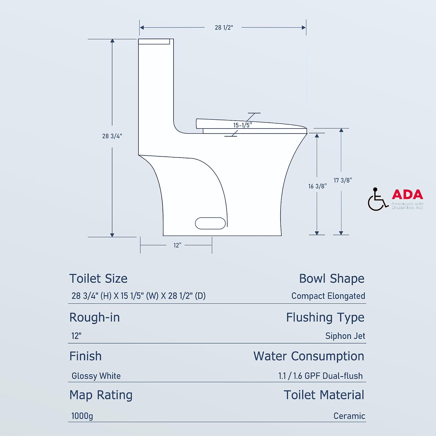 Dual Flush One Toilet, Water Saving Elongated Comfort Height Floor Mounted, Soft Closing Seat, 1000 Gram Map Flushing SToilet, Glossy White GF 24T02 GW