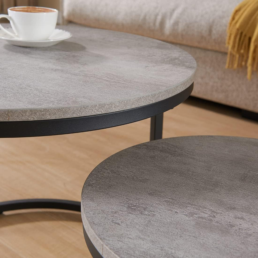 CENSI Round Nesting Coffee Table Set of 2, 24' Industrial Grey Faux Concrete Top, Modern Stacking Side End Tables with Black Metal Frame for Living Room, Small Spaces, Sturdy & Easy Assembly