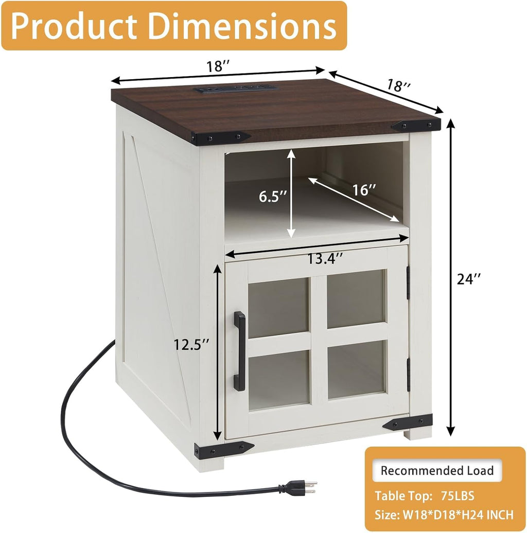 Barnyatoh Farmhouse Nightstand with Charging Station, Rustic End Table with Tempered Glass Barn Door, Wood Sofa Side Bedside Table with Open Storage Shelf for Living Room, Bedroom, White, 2 Pack
