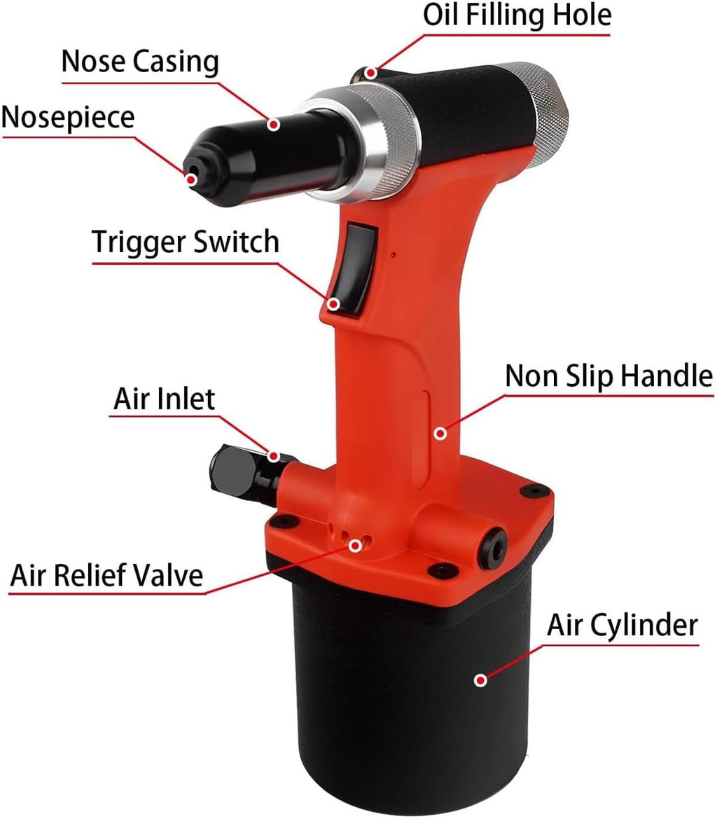 JOSBY Pneumatic Pop Rivet Gun Kit, Heavy Duty Air Hydraulic Rivet Gun, 20MM Working Stroke& 2800KGS Pulling Force, Professional Riveting Machine, Hand Tool Set, for Mechanical Industry